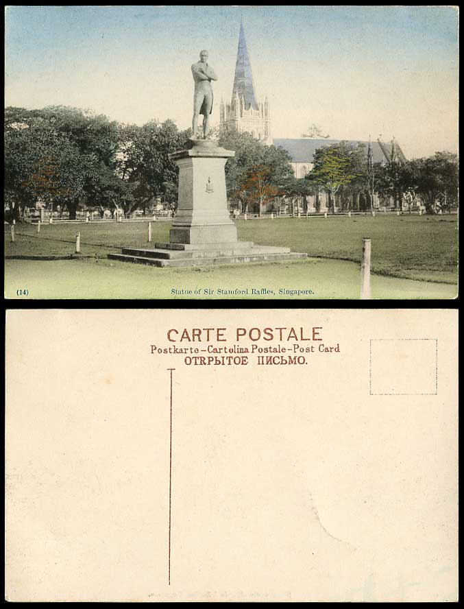 Singapore Old Hand Tinted Postcard STAMFORD RAFFLES STATUE & St. Andrew's Church