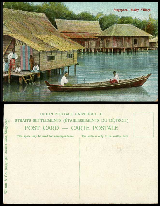 Singapore Old Colour Postcard Malay Village, Native Houses on Stilts, Canoe Boat