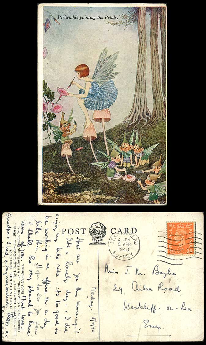 IR & G OUTHWAITE 1943 Old Postcard Periwinkle Painting Petals Elves & Fairies 75