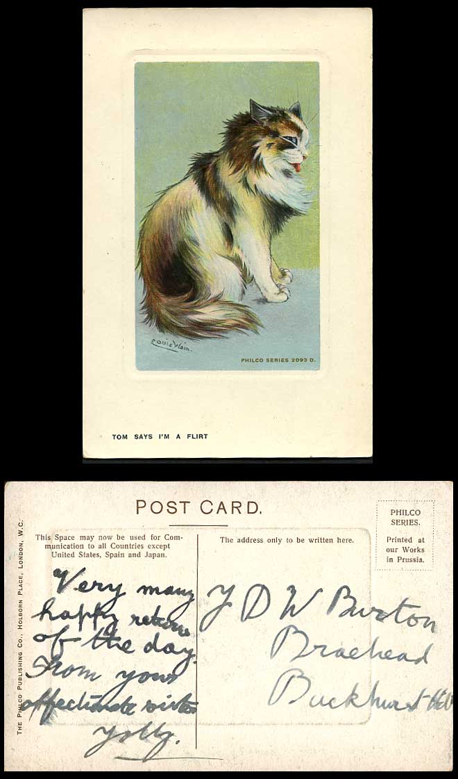Louis Wain Artist Signed Cat Kitten, Tom Says I'm a Flirt Old Postcard Art Drawn