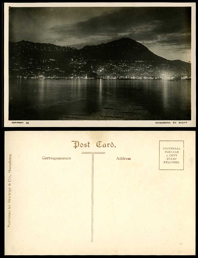 Hong Kong by Night China Old Real Photo Postcard Peak Mountain Brewer & Co No.96