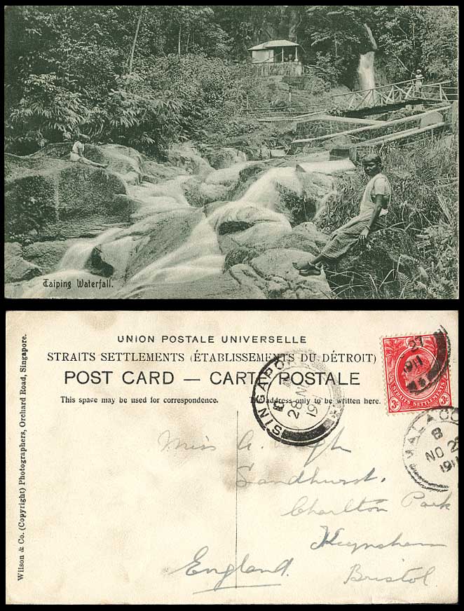 Perak TAIPING WATERFALL Bridge Malay Women Sit on Rock KE7. 3c 1911 Old Postcard