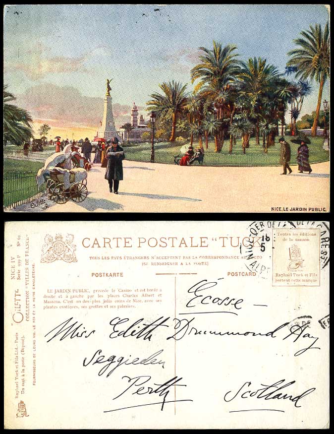 France NICE Le Jardin Public Old Tuck's Oilette Postcard Public Garden Palm Tree