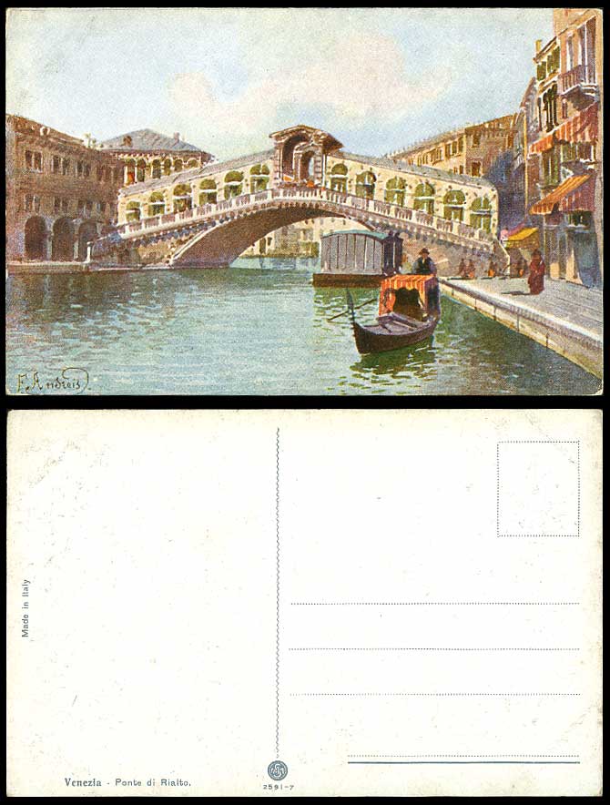 Italy F Andreis Old Postcard Venezia Ponte di Rialto Bridge Venice Boating Canal