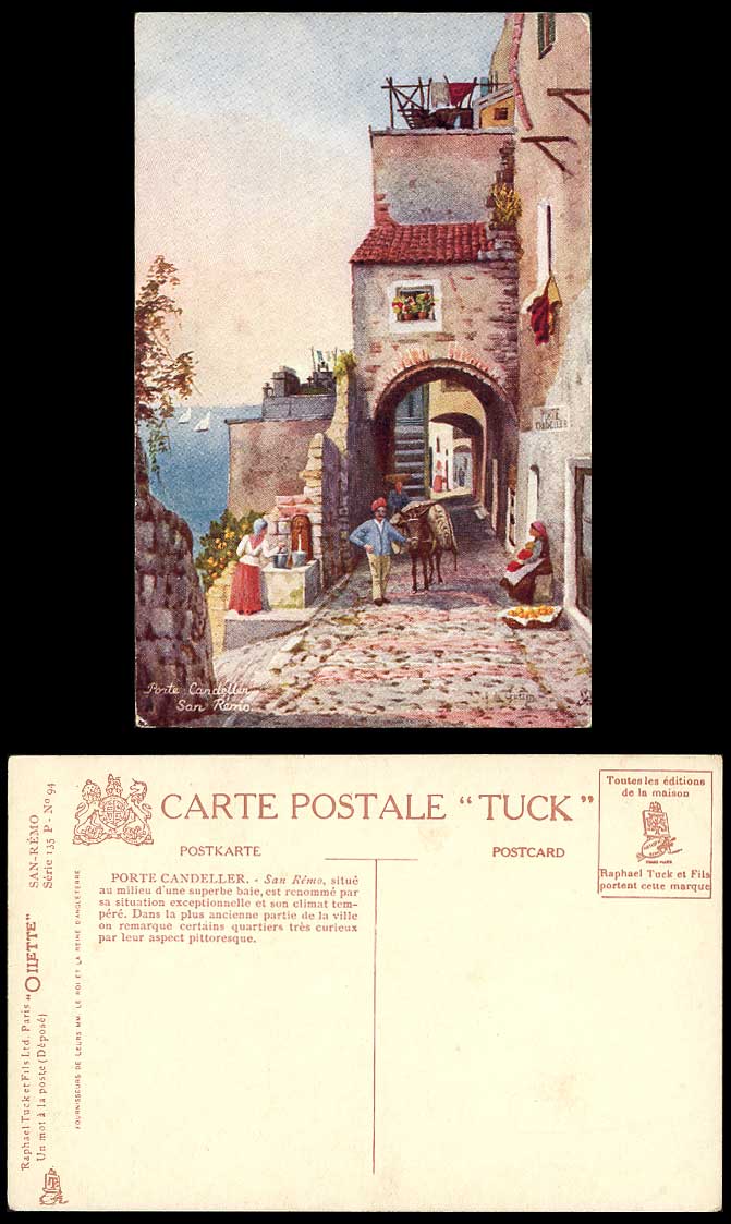 Italy SAN REMO Porte Candeller, Arch Gate Bay Donkey Old Tuck's Oilette Postcard