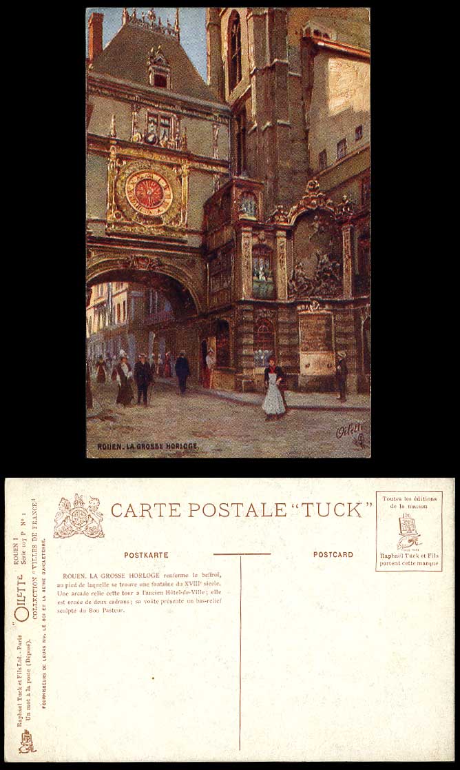 France ROUEN La Grosse Horloge Clock Tower Arch Gate Old Tuck's Oilette Postcard