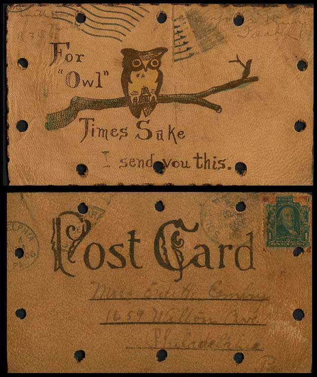 Novelty Made from Leather 1906 Old Postcard For Owl Times Sake I Send You This