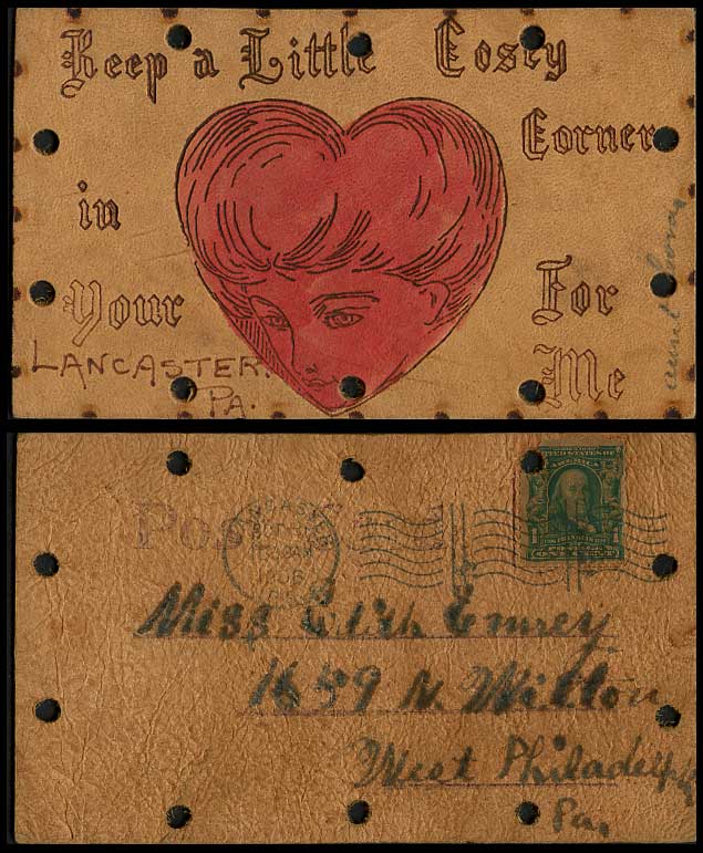 Novelty Made from Leather 1906 Old Postcard Keep Cosy Corner in You Heart for Me