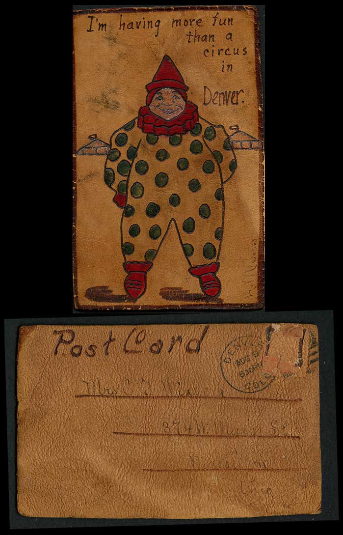 Novelty Hand Made from Leather 1907 Old Postcard Clown Had More Fun Than Circus