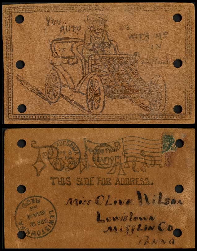 Novelty Hand Made from Real Leather 1906 Old Postcard You Auto With Me Motor Car