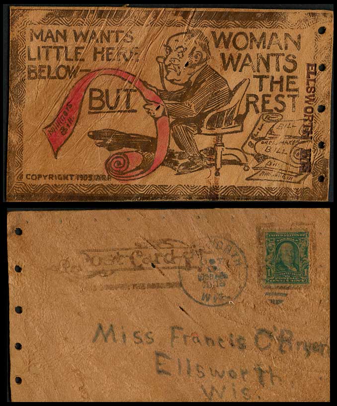 Novelty Made from Leather 1905 Old Postcard Man Wants Below Woman Wants The Rest