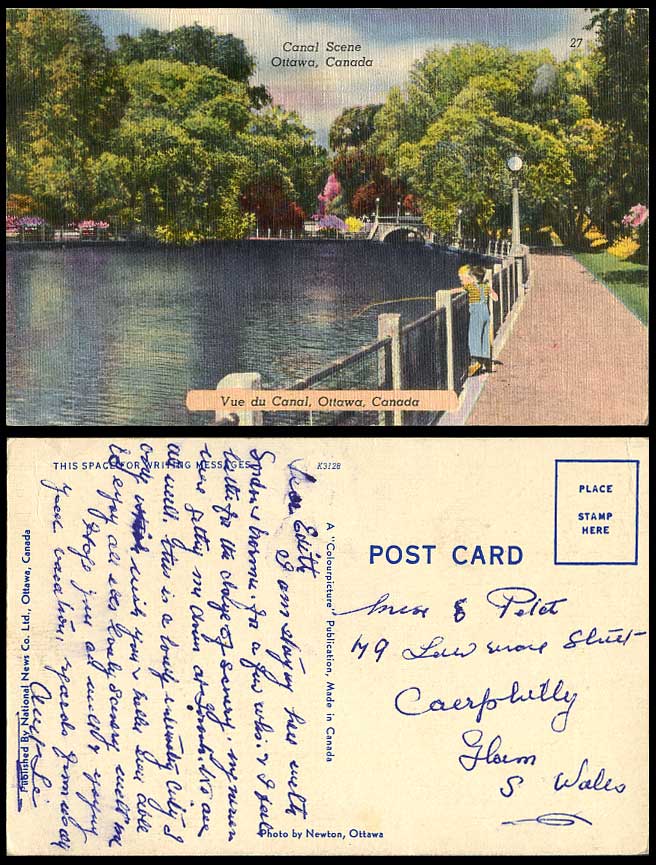 Canada Old Colour Postcard Canal Scene Bridge Ottawa Ontario Little Boy Fishing