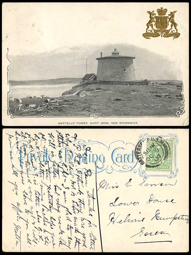 Canada 1907 Old Postcard Martello Tower St Saint John New Brunswick Coat of Arms