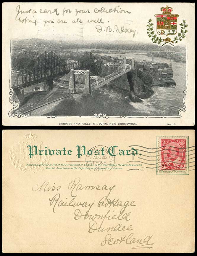 Canada 1904 Old Postcard Bridges Water Falls St. John New Brunswick Coat of Arms