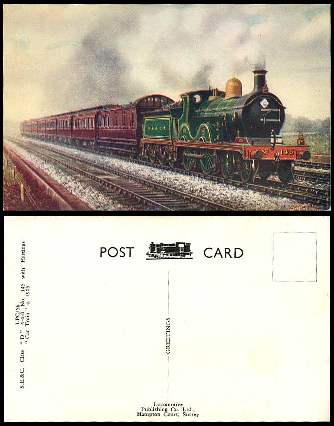 S.E. & C. Class D 4-4-0 No.145 Hastings Car Train Locomotive Engine Old Postcard