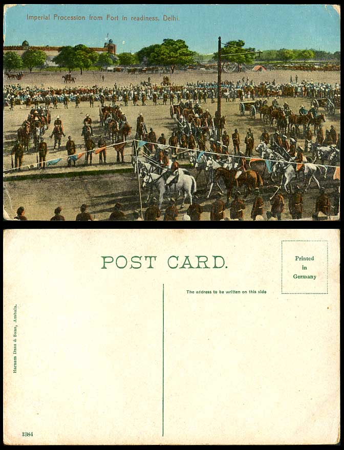 India Old Colour Postcard Imperial Procession from Fort in Readiness Delhi Horse
