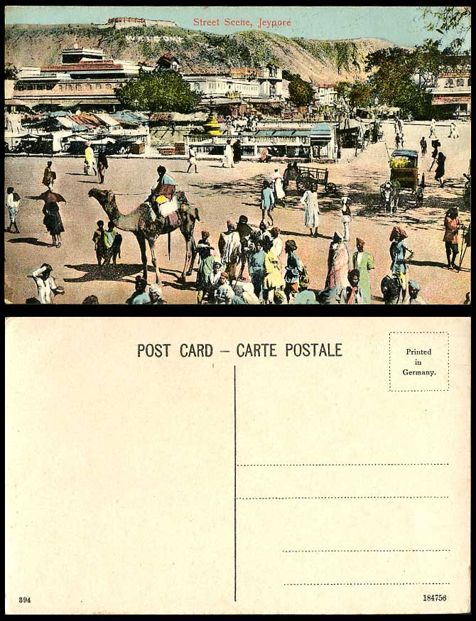 India Old Colour Postcard Camel Rider Street Scene JEYPORE, with Welcome on Hill