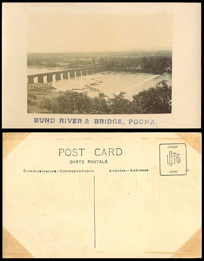 India Old Real Photo Postcard Bund River Scene Bridge Panorama POONA Maharashtra