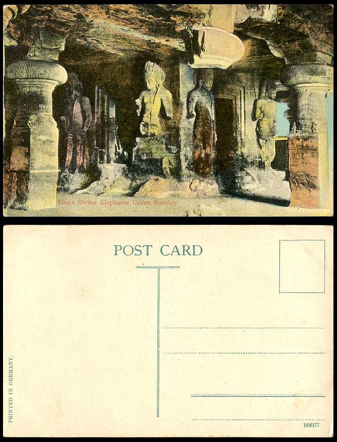 India Old Colour Postcard THE LINGA SHRINE ELEPHANTA CAVES Bombay British Indian