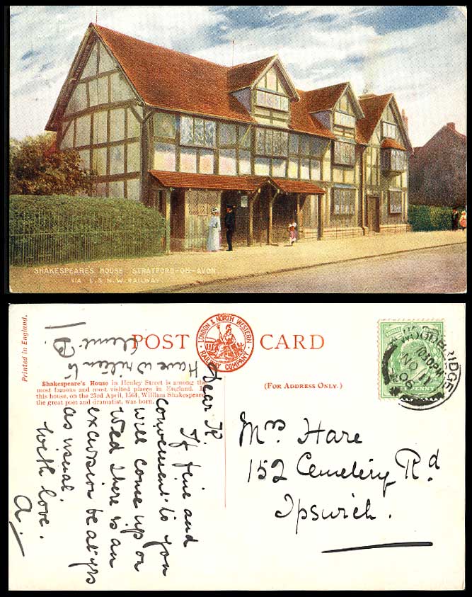 Stratford-on-Avon Shakespeare's House via L.& N.W. Railway 1906 Old ART Postcard