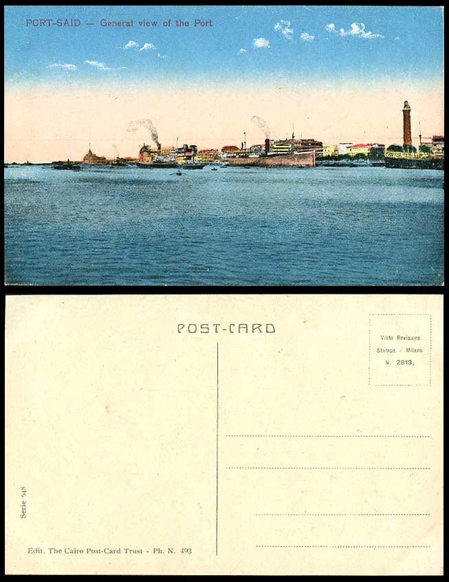 Egypt Old Colour Postcard Port Said General View of Port Harbour Lighthouse Ship