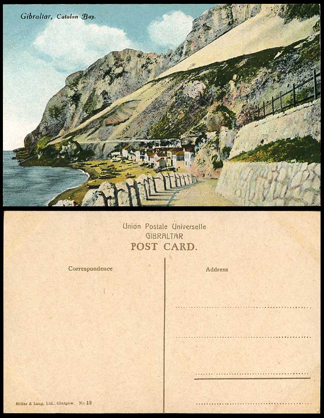 Gibraltar Old Colour Postcard CATALAN BAY, Beach, Boats, Houses, Rocks Mountains