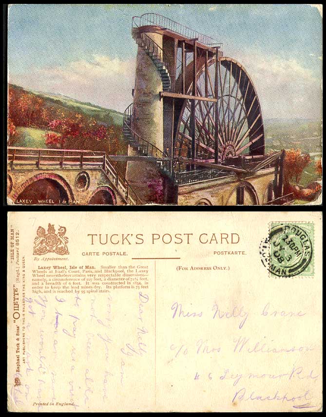 Isle of Man Old Tuck's Oilette Postcard LAXEY WHEEL, Lady Isabella, Erected 1854