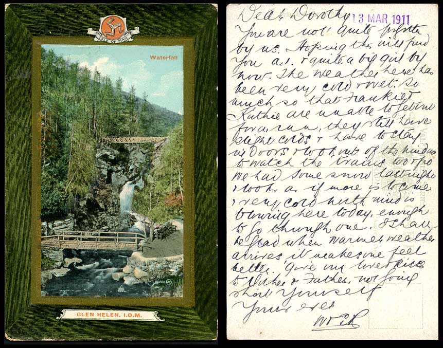 Isle of Man 1911 Old Postcard GLEN HELEN Waterfall Bridge Bridges & Coat of Arms