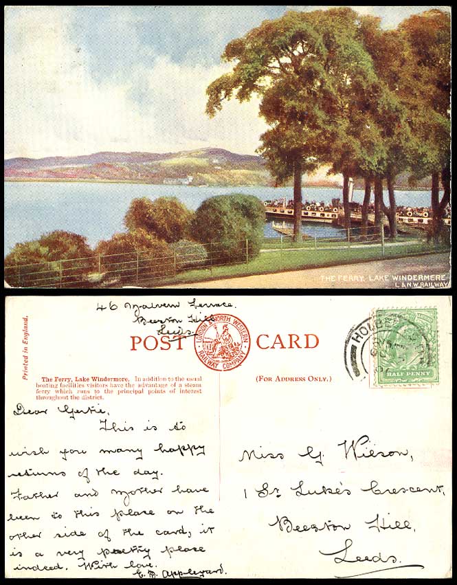 Windermere Lake, The Ferry, London & North Western Railway Co. 1906 Old Postcard