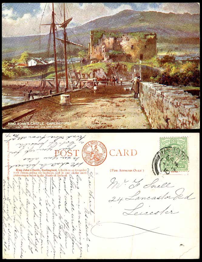 Ireland Co Louth King John's Castle Carlingford L.&N.W. Perfin 1910 Old Postcard