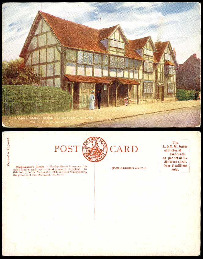 Stratford Shakespeare's House in Henley Street via L.& N.W. Railway Old Postcard