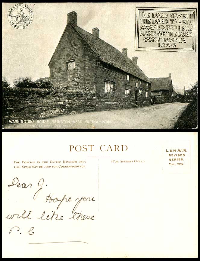 Washington's House Brington nr Northampton Tablet Over Doorway L&NW Old Postcard