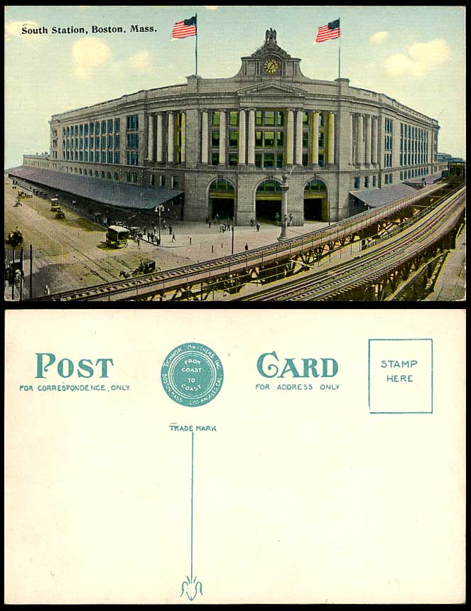USA Boston Mass Old Postcard South Station Atlantic Avenue Railway Station Train