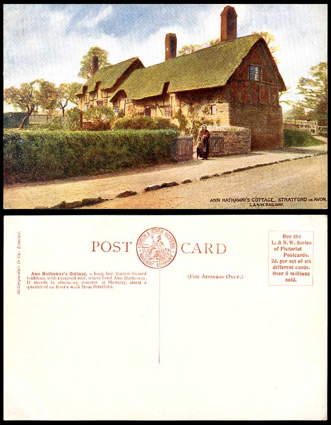 Stratford Ann Hathaway's Cottage Thatched Lady L & N.W. Railway Old ART Postcard