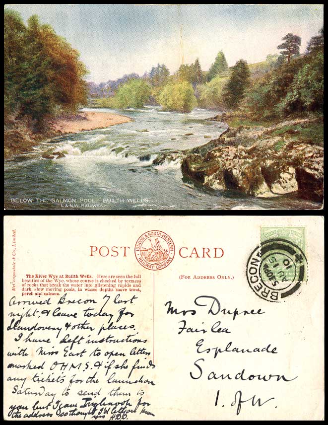 Builth Wells River Wye Below Salmon Pools L. & N.W Railway 1910 Old Art Postcard