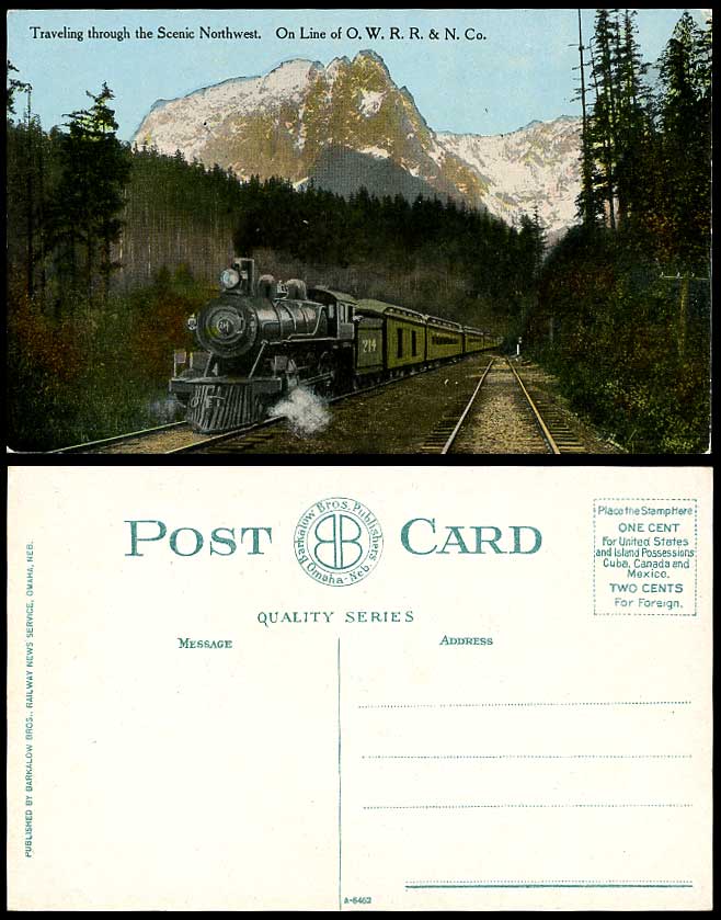 Locomotive Train Engine 214 Northwest, On Line of O.W.R.R. & N. Co. Old Postcard