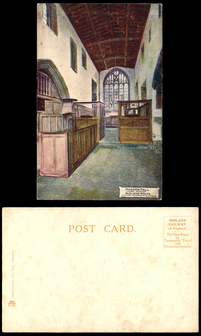 HADDON HALL, Chapel Interior, Stained Glass Window, Midland Railway Old Postcard
