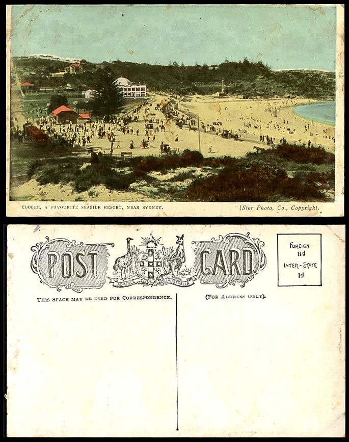 Australia COOGEE BEACH Panorama, Tram, Seaside Resort Sydney Old Colour Postcard