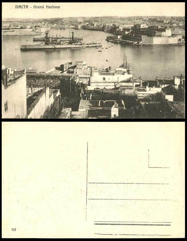 Malta Old Postcard GRAND HARBOUR Warships Battleships Military Vessels Panorama