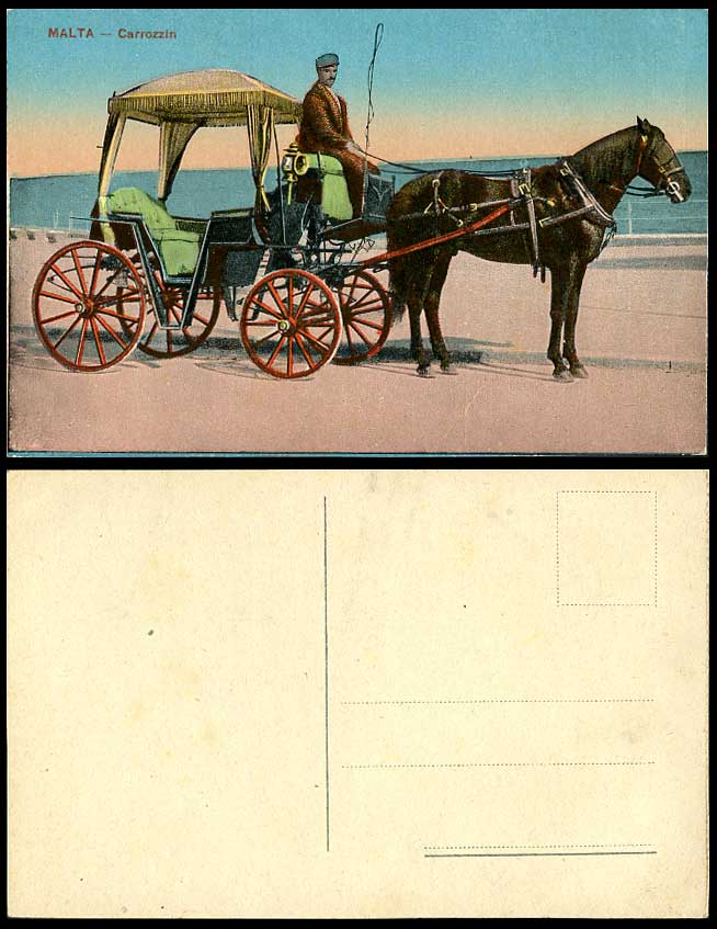 Malta Old Maltese Colour Postcard CARROZZIN, Horse Drawn Carriage Wagon & Driver