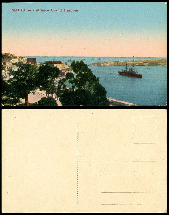 Malta Old Colour Maltese Postcard Entrance Grand Harbour, Battleship Steam Ship
