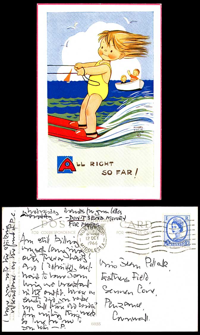 MABEL LUCIE ATTWELL 1966 Old Postcard Girl Water Skiing Ski Surfing Surfer 6035