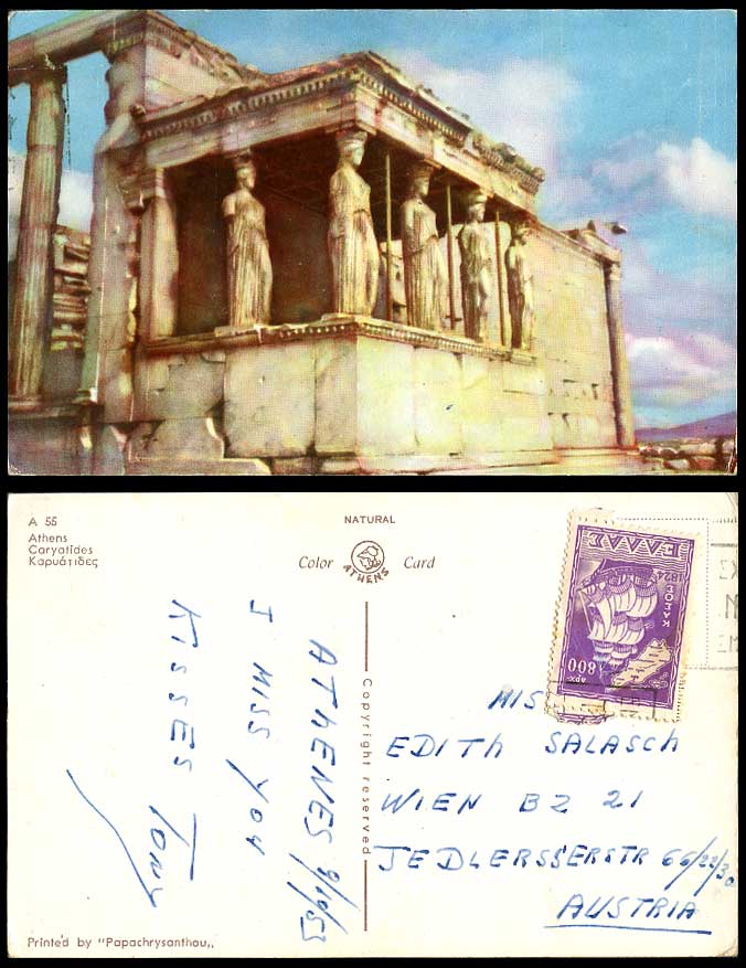 Greece 800 stamp 1953 Old Colour Postcard Caryatides Temple Ruins Athens Athenes
