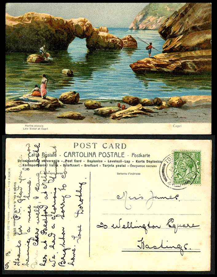 Italy 1914 Old Artist Signed Postcard Marina Piccola Low Water at Capri, Fishing