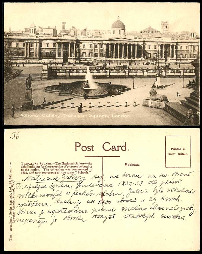 London Old Postcard National Gallery Trafalgar Square, Fountain and Lion Statues