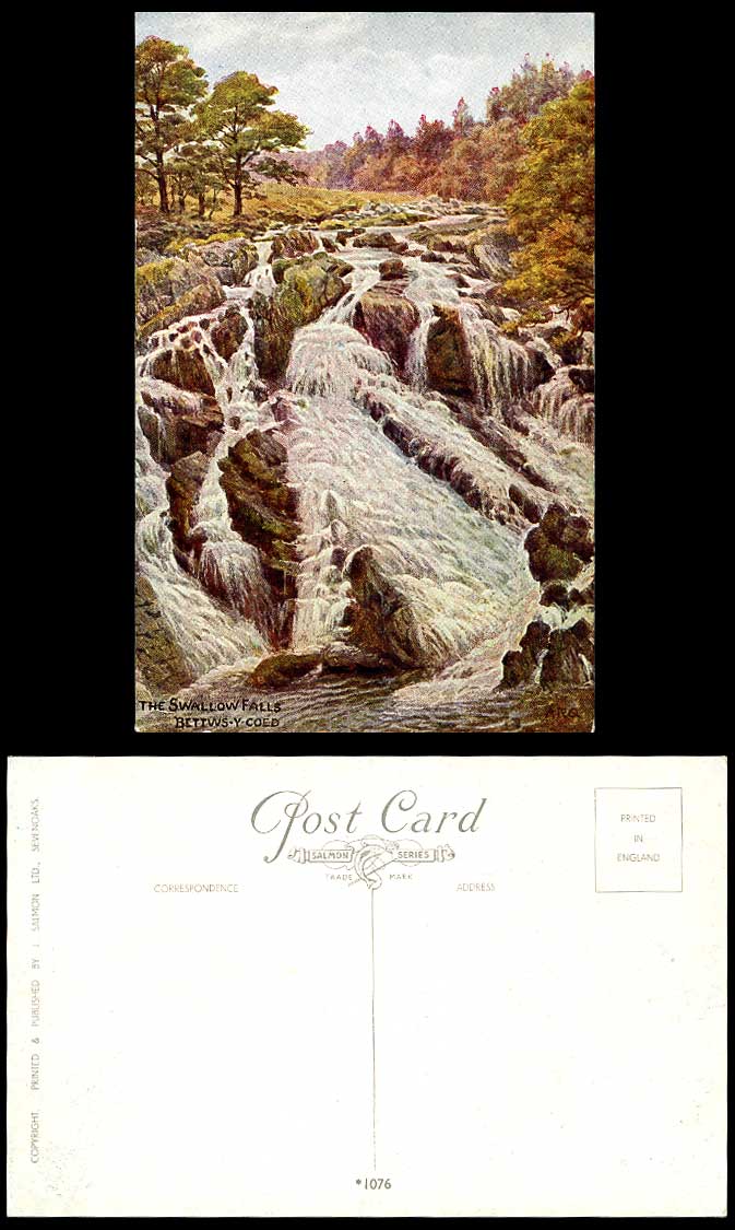 AR Quinton Artist Signed SWALLOW FALLS Waterfall Bettws-y-Coed Old Postcard 1076