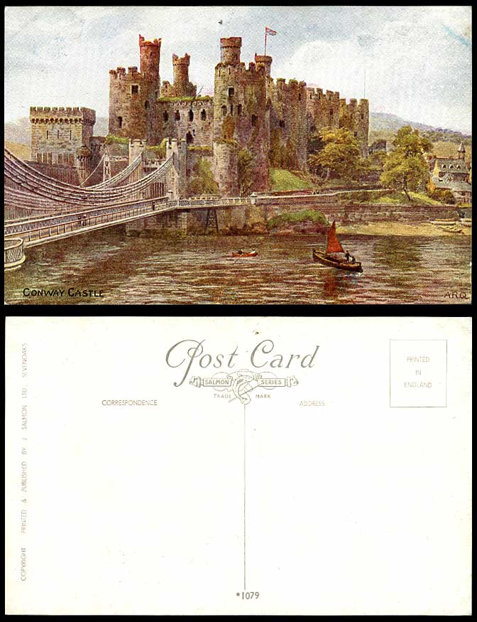 A.R. Quinton Artist Signed Old Postcard CONWAY CASTLE, Bridge, Boats A.R.Q. 1079