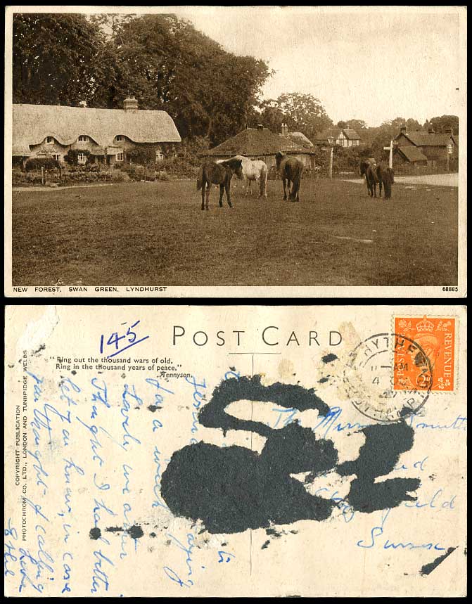 Lyndhurst Swan Green New Forest Ponies Horses Cottages KG6. 2d 1947 Old Postcard