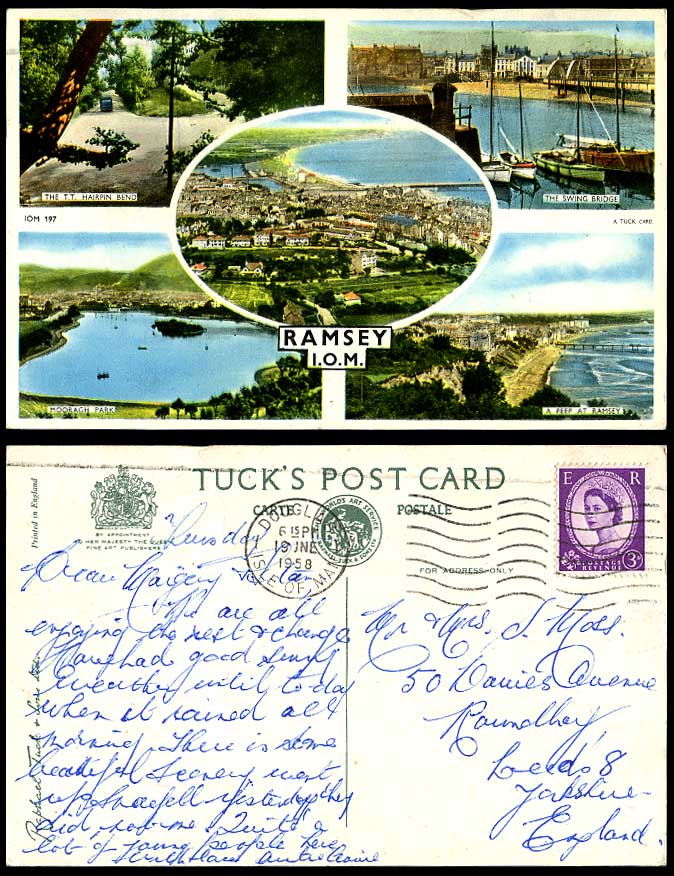 Isle of Man 1955 Old Postcard Ramsey T.T. Hairpin Bend Swing Bridge Mooragh Park