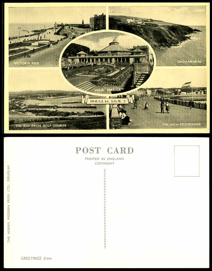 Isle of Man Old Postcard Bay from Golf Course Loch Promenade Villa Marina V Pier